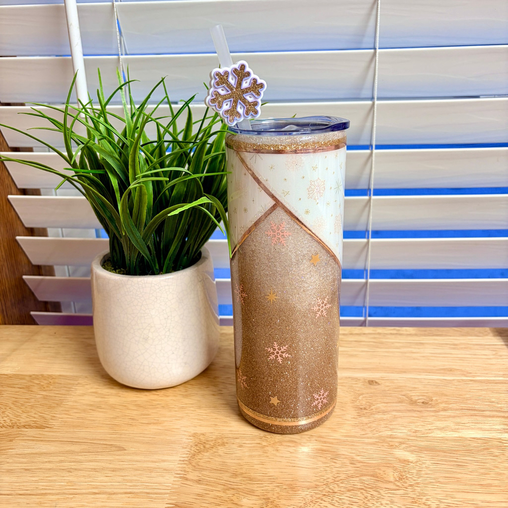 White Glitter Gold Snowflake Tumbler, Hot and Cold Drinks Water 20oz Handmade - Picture 2 of 4